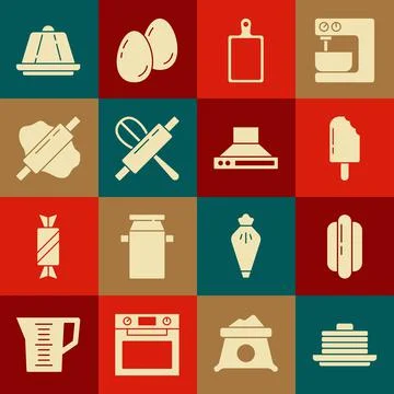 Set Stack of pancakes, Hotdog sandwich, Ice cream, Cutting board, Kitchen whisk 스톡 일러스트