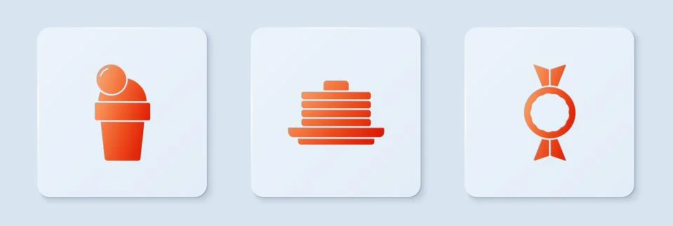 Set Stack of pancakes, Ice cream and Candy. White square button. Vector Stock Illustration
