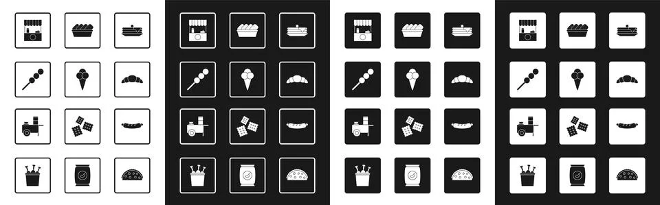 Set Stack of pancakes, Ice cream in waffle cone, Meatballs wooden stick, Street Stock Illustration