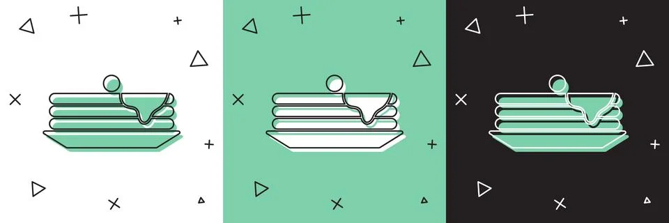 Set Stack of pancakes icon isolated on white and green, black background. Baking 스톡 일러스트