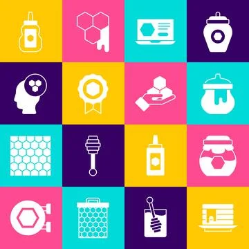 Set Stack of pancakes, Jar honey, Honey online service, medal, Beekeeper,  .. イラスト素材