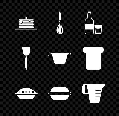 Set Stack of pancakes, Kitchen whisk, Glass bottle with milk and glass, Homemade Illustrazione stock