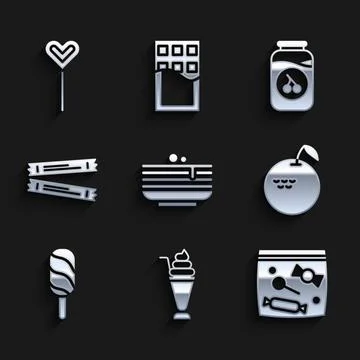 Set Stack of pancakes, Milkshake, Candy packaging for sweets, Apple, Ice cream Illustrazione stock