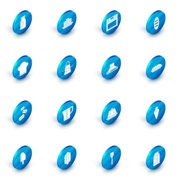 Set Stack of pancakes, Oven, Bread loaf, Chef hat, Macaron cookie, Kitchen apron Stock Illustration