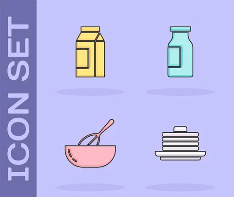 Set Stack of pancakes, Paper package for milk, Kitchen whisk and bowl and Bottle Illustrazione stock