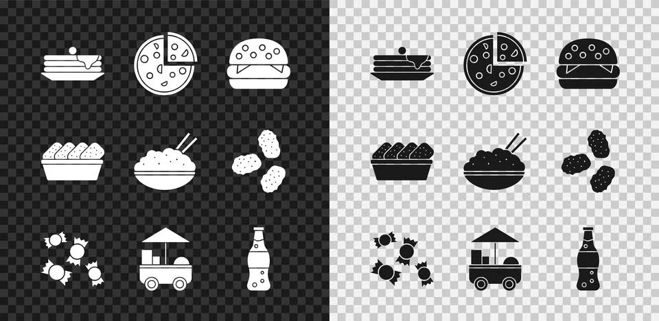 Set Stack of pancakes, Pizza, Burger, Candy, Fast street food cart, Bottle water Illustrazione stock