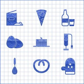 Set Stack of pancakes, Pretzel, Oven glove, Blender, Kitchen whisk, Chicken egg Stockillustratie