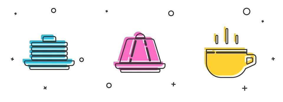 Set Stack of pancakes, Pudding custard and Coffee cup icon. Vector Stock Illustration