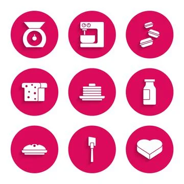 Set Stack of pancakes, Spatula, Candy in heart shaped box, Bottle with milk Stock Illustration