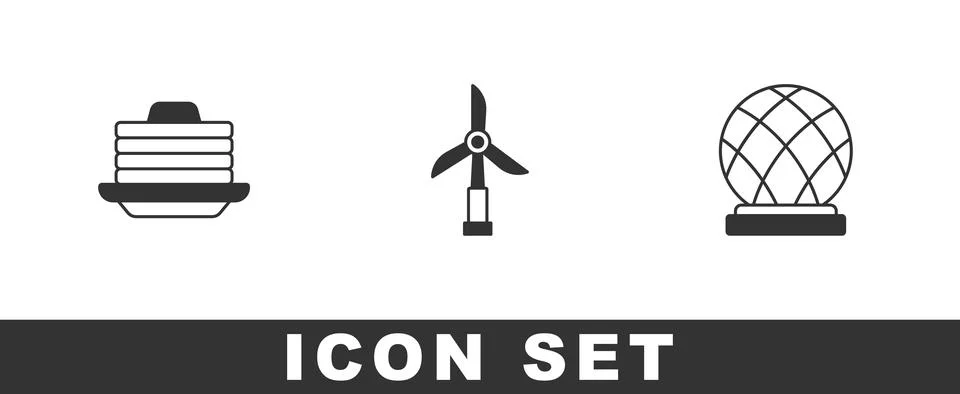 Set Stack of pancakes, Wind turbine and Montreal Biosphere icon. Vector Illustrazione stock