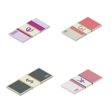 Set the stack of paper money world currencies, vector illustration. Illustrazione stock