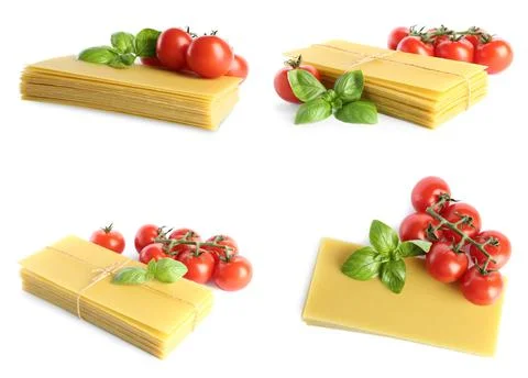 Set with stack of uncooked lasagna sheets, tomatoes and basil on white backgr Stockfoto's