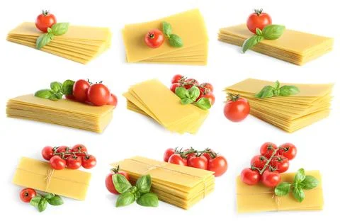 Set with stack of uncooked lasagna sheets, tomatoes and basil on white backgr Stockfoto's