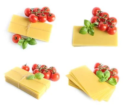Set with stack of uncooked lasagna sheets, tomatoes and basil on white backgr 스톡 사진