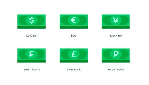 Set stack of world currency as dollar, euro, pound, frank, yuan and yen Stock Illustration