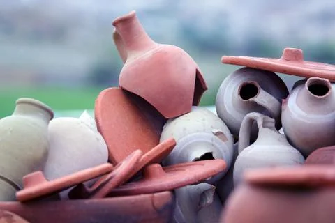Set of stacked together broken clay pots Stock Photos