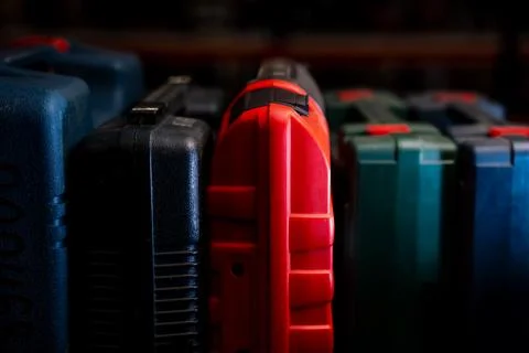 Set of stacked tool cases representing industrial organization Stock Photos