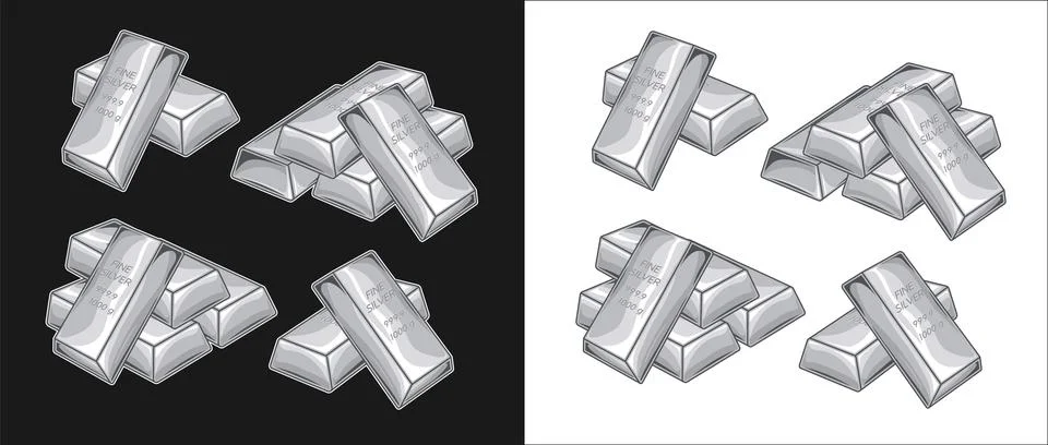 Set of stacks of fine silver bars, ingots Stock Illustration