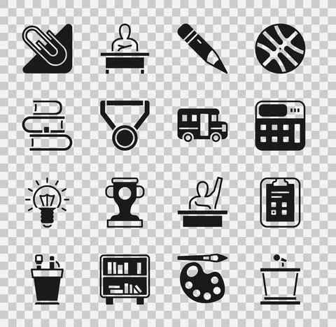 Set Stage stand, Exam sheet with check mark, Calculator, Pencil eraser, Medal Stock Illustration