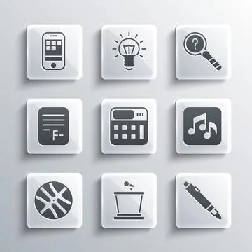 Set Stage stand, Marker pen, Music note, tone, Calculator, Basketball ball,.. Stock Illustration