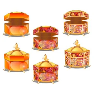 The set of stages of decorating casket or gift boxes with gold pattern isolated Stock Illustration