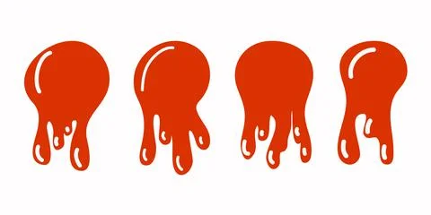 Set of stain of flowing paint with drops, blot of smudges of red paint, vecto Stock Illustration