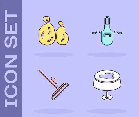 Set Stain on the tablecloth, Garbage bag, Mop and Kitchen apron icon. Vector Stock Illustration