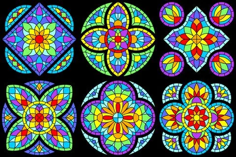Set of stained-glass windows in gothic style. Medieval mosaic tile texture. Stock Illustration