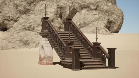 A set of stairs in the sand with a rock in the background Stock Illustration