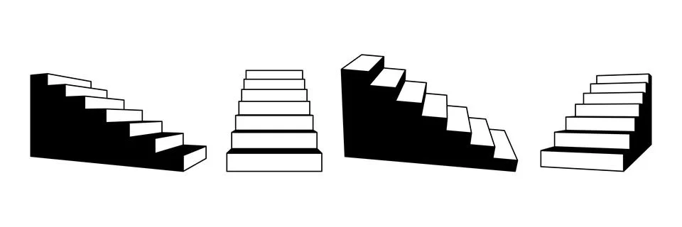 Set of stairways in different perspective. Linear simplified 3d staircase Stock Illustration