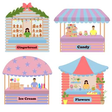 Set of stall counters at a fair selling assorted candy, gingerbreads, ice cre イラスト素材