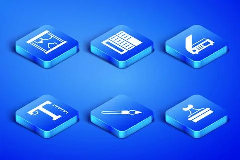Set Stamp, 3D printer, Paint brush, Text, Brochure and Scanner icon. Vector Stock Illustration