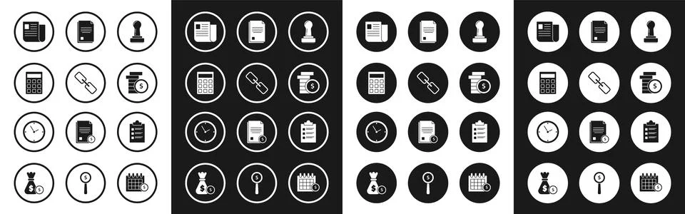 Set Stamp, Chain link, Calculator, File document, Coin money with dollar sy.. Stock Illustration