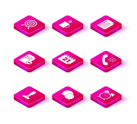 Set Stamp, Speech bubble chat, Document with minus, Calendar, Alarm clock Stock Illustration