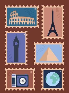 Set of stamps. Mailpost and postage. Roman Colosseum, Paris Eiffel Tower, London Stockillustratie