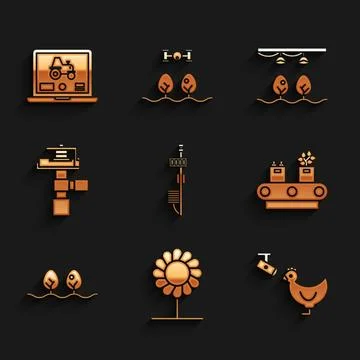 Set Standalone sensor, Flower, Chicken farm camera, Conveyor belt with box Stock Illustration