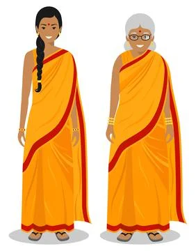 Set of standing together old and young indian woman Stock Illustration