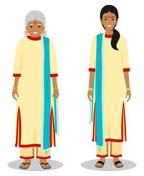 Set of standing together old and young indian woman Stock Illustration