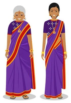 Set of standing together old and young indian woman Illustrazione stock