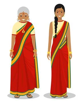 Set of standing together old and young indian woman Stock Illustration
