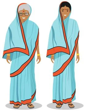 Set of standing together old and young indian woman Stock Illustration