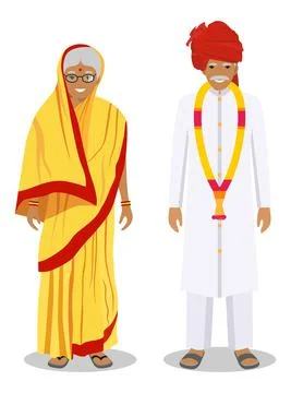 Set of standing together old indian man and woman in the traditional clothing Stock Illustration