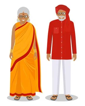 Set of standing together old indian man and woman in the traditional clothing Illustrazione stock