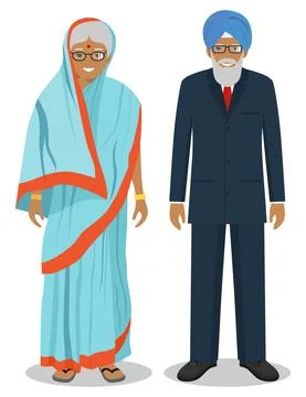 Set of standing together old indian man and woman in the traditional clothing Illustrazione stock