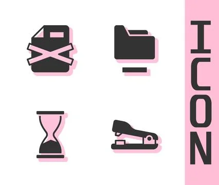 Set Stapler, Delete file document, Old hourglass and Document folder icon Stock Illustration