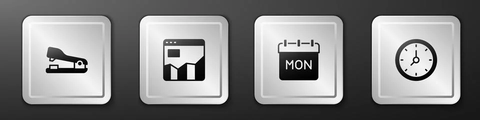 Set Stapler, Graph chart infographic, Calendar and Clock icon. Silver square Stock Illustration