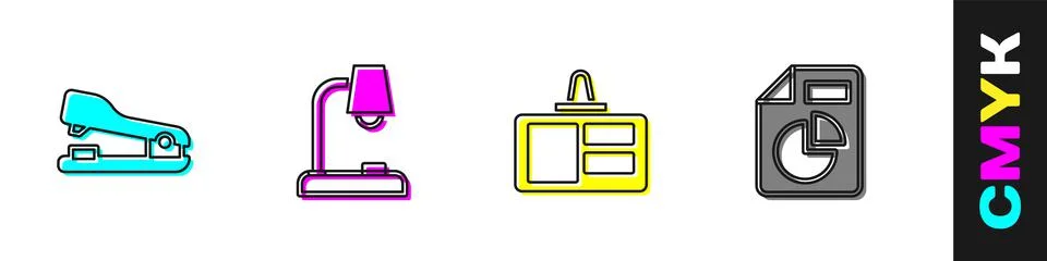 Set Stapler, Table lamp, Identification badge and Document with graph chart icon Stock Illustration
