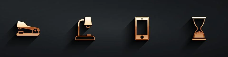 Set Stapler, Table lamp, Mobile phone and Old hourglass icon with long shadow Stock Illustration
