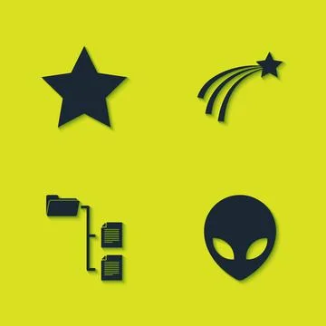 Set Star, Alien, Folder tree and Falling star icon. Vector Stock Illustration