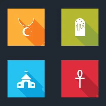 Set Star and crescent on chain, Easter cake, Church building and Cross ankh icon Ilustración de archivo